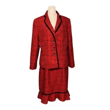 Le Suit Red Plaid Tweed Ruffle Hem Skirt Blazer Suit Size 12 Petite