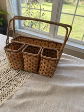 Vintage Wicker Basket Silverware Utensil Napkin Caddy Holder Organizer Read