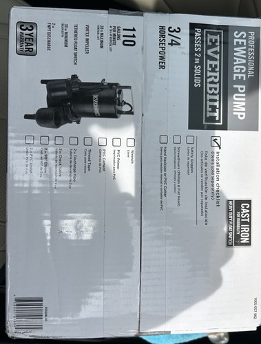 Everbilt 3/4 HP 110 GPM - Ghisa - Pompa per acque reflue professionale ESE60W-HD - NUOVA - Foto 2 di 2