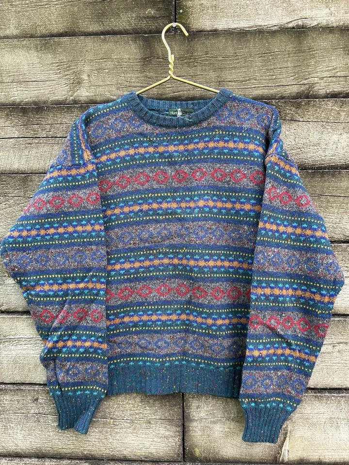 VTG Hunt Club Wool Size L 42-44 Fair Isle Purple Gray Red Green Yellow M Sweater - Image 2 of 4