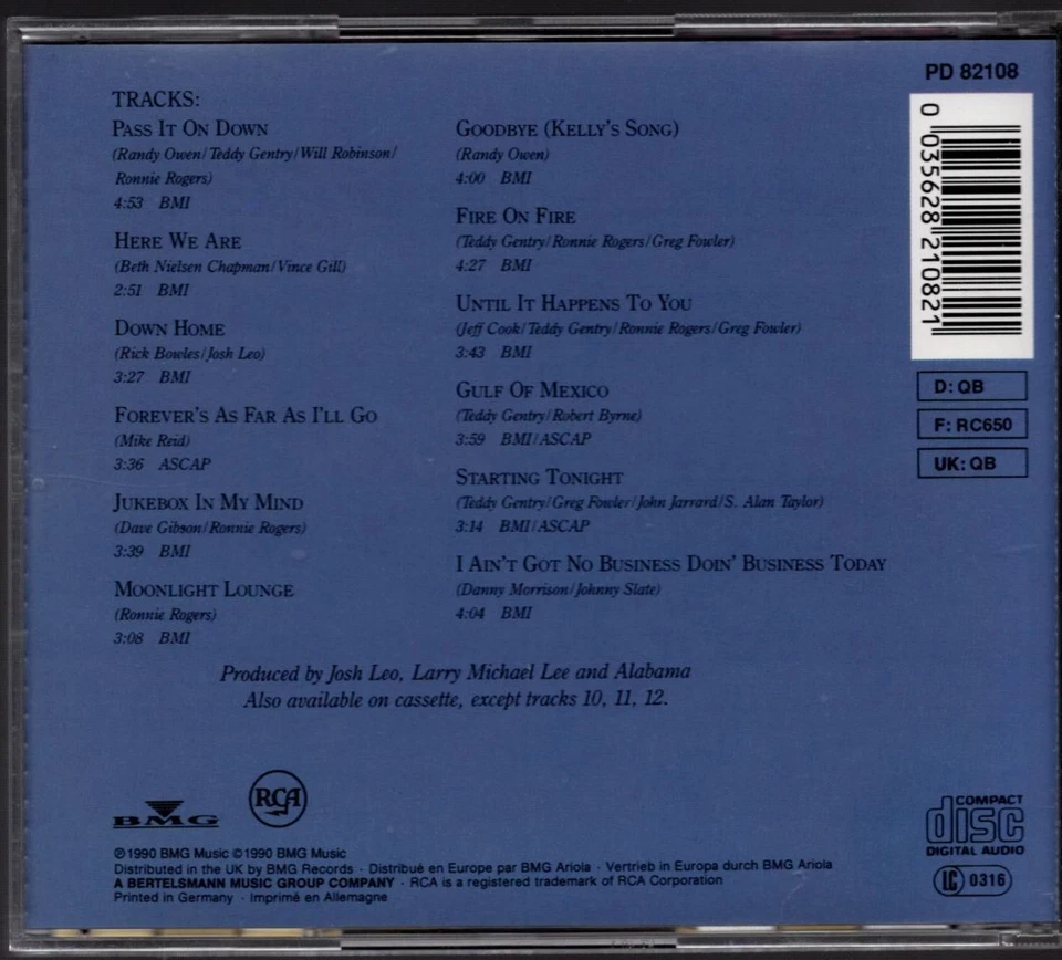 Alabama – Pass It On Down - Country Rock CD Album 1990 - Bild 2 von 2