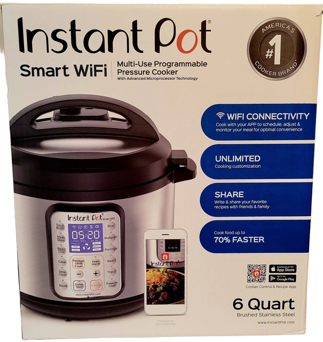 Instant Pot Smart WiFi 6 Quart Electric Pressure Cooker, Silver