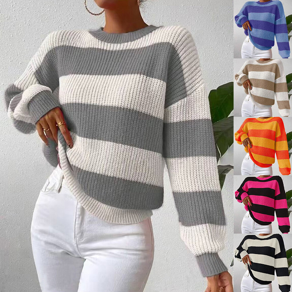 Ladies Winter Chunky Knitted Striped Baggy Causl Jumper Pullover Sweater  Tops UK