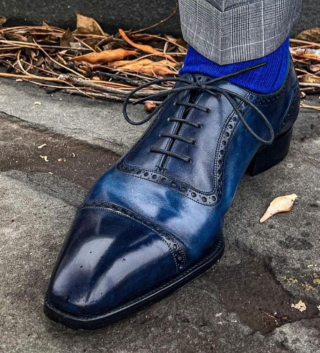Tailor Made Men's Pure Blue Leather Black Shaded Oxford Lace Up Shoes For  Men.