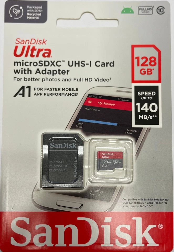Sandisk Ultra 128GB MicroSD with SD Adapter A1 140MB/s Full HD Video New Sealed - Image 2 of 4