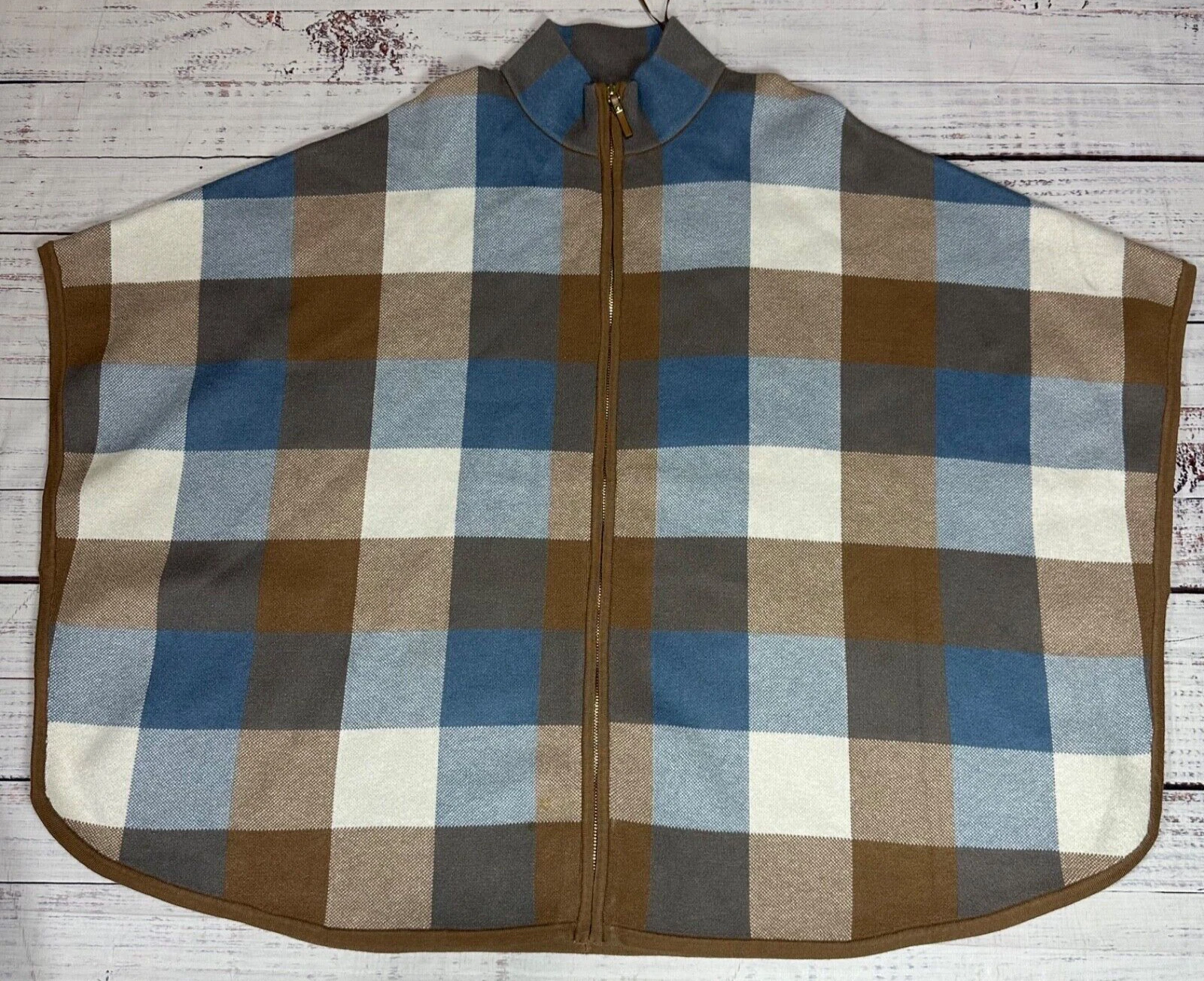 Tahari Anthropologie Plaid Poncho Jacket Sz S/M Light Blue Brown Zip Front Knit