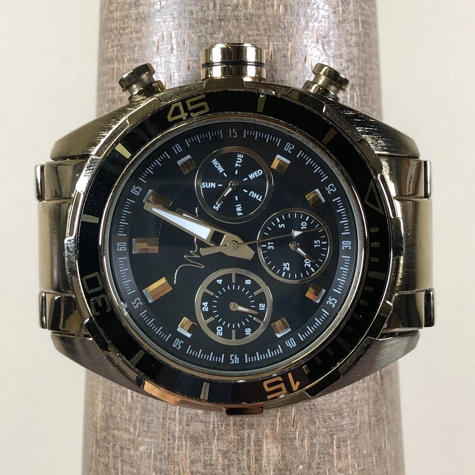 Marc Anthony Men FMDMA137 Day Date Gold Tone 44mm Quartz Analog Watch 7" - Image 2 of 4