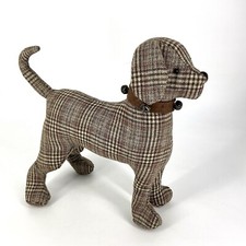 Fabric Plush Hound Dog Stuffed Pillow Plaid Bell Collar 11  Tall