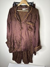 Vintage Victorias Secret Sz M Pajama PJ Set 2 Piece Brown Satin Gold Label Flora
