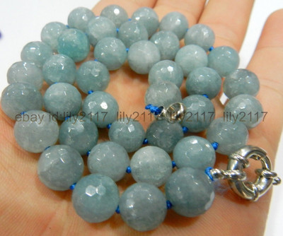 Charming Natural 10mm Faceted Round Blue Aquamarine Gemstone Beads Necklace 18''