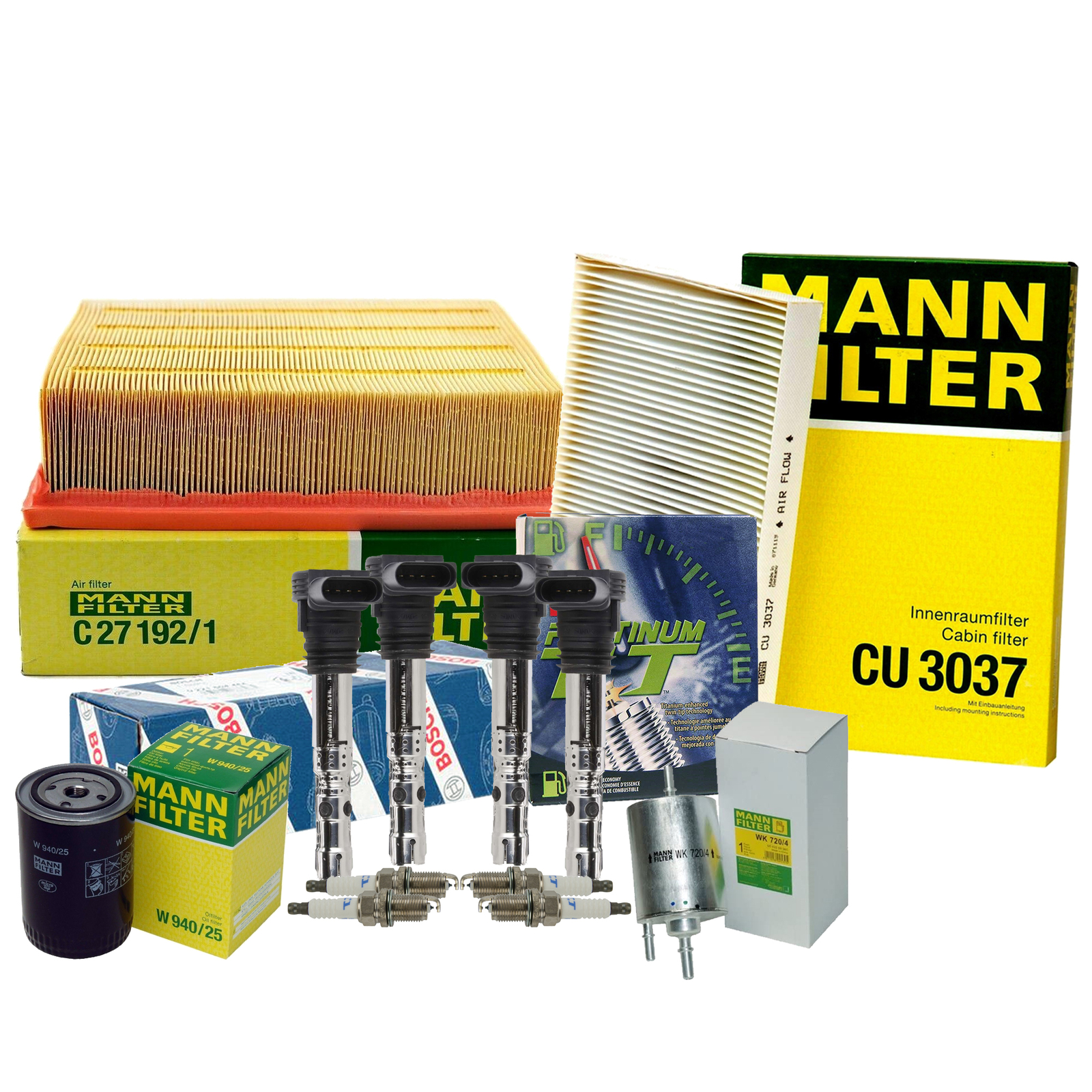 Mann Filters Bosch 4 Coils Denso 4 Platinum TT Spark Plugs Tune Up Kit For Audi