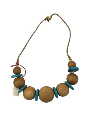 WOODEN PEARL NECKLACE AND PLASTIC DISCS TURQUOISE VINTAGE JEWELRY CM 45 LAID