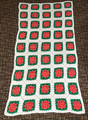 Vintage Hand Crocheted Granny Square 3D Rosettes Rose Lap Afghan Throw Blanket