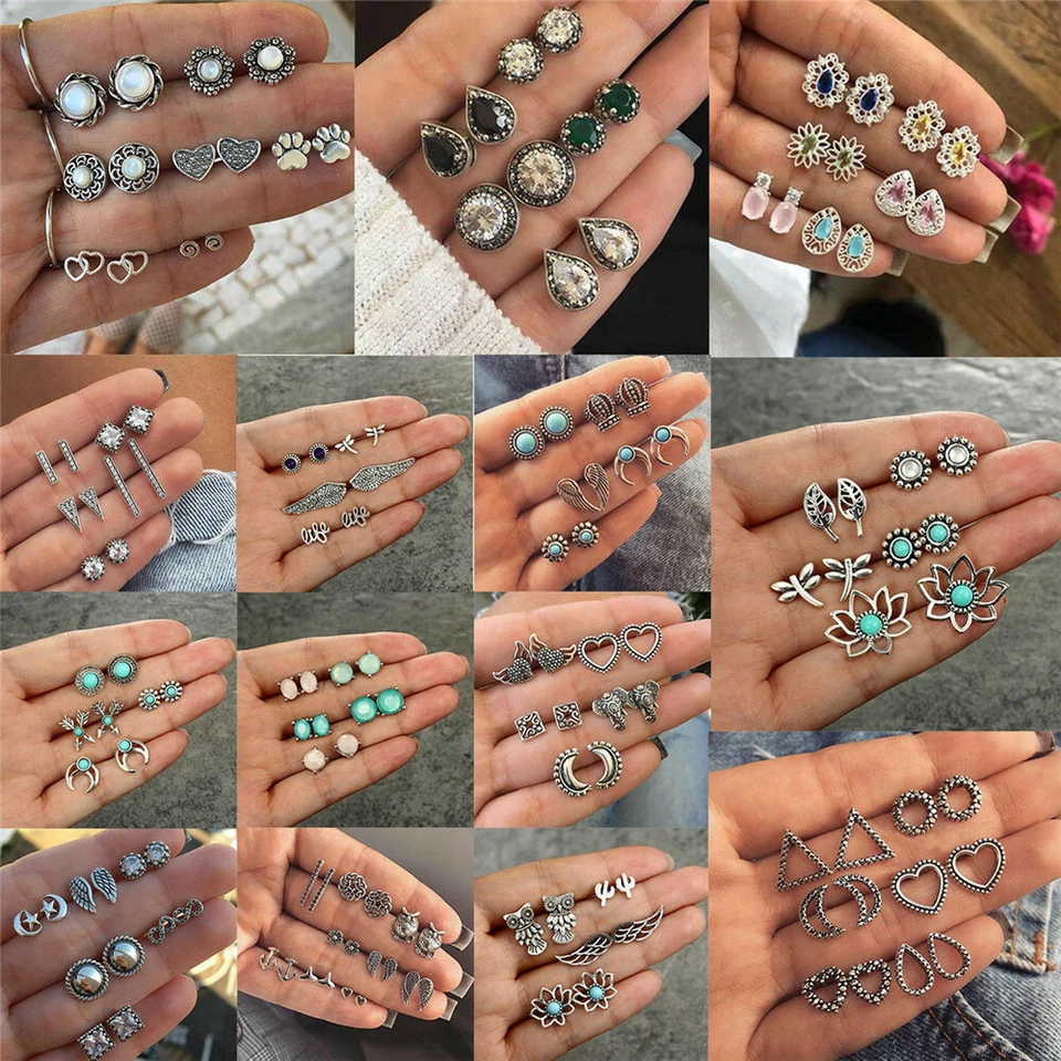 Juego de 20 pares de pendientes diamantes de imitación cristal perla mujer oreja perno joyería regalo EE. UU. Foto 4 de 4