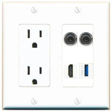2 3-5MM HD USB-3 Port Wall Plate w/Power Outlet White