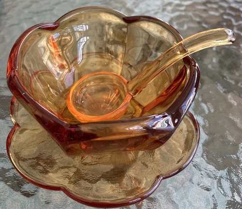 Amber Depression Glass Condiment Bowl W/ Ladle Underplate Cottagecore Rare Style
