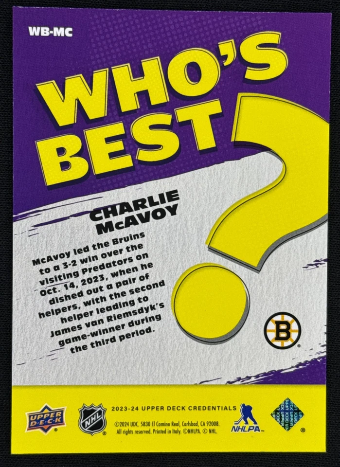 2023-24 UD Credentials Charlie McAvoy Who's Best #WB-MC Boston Bruins - Image 2 of 2