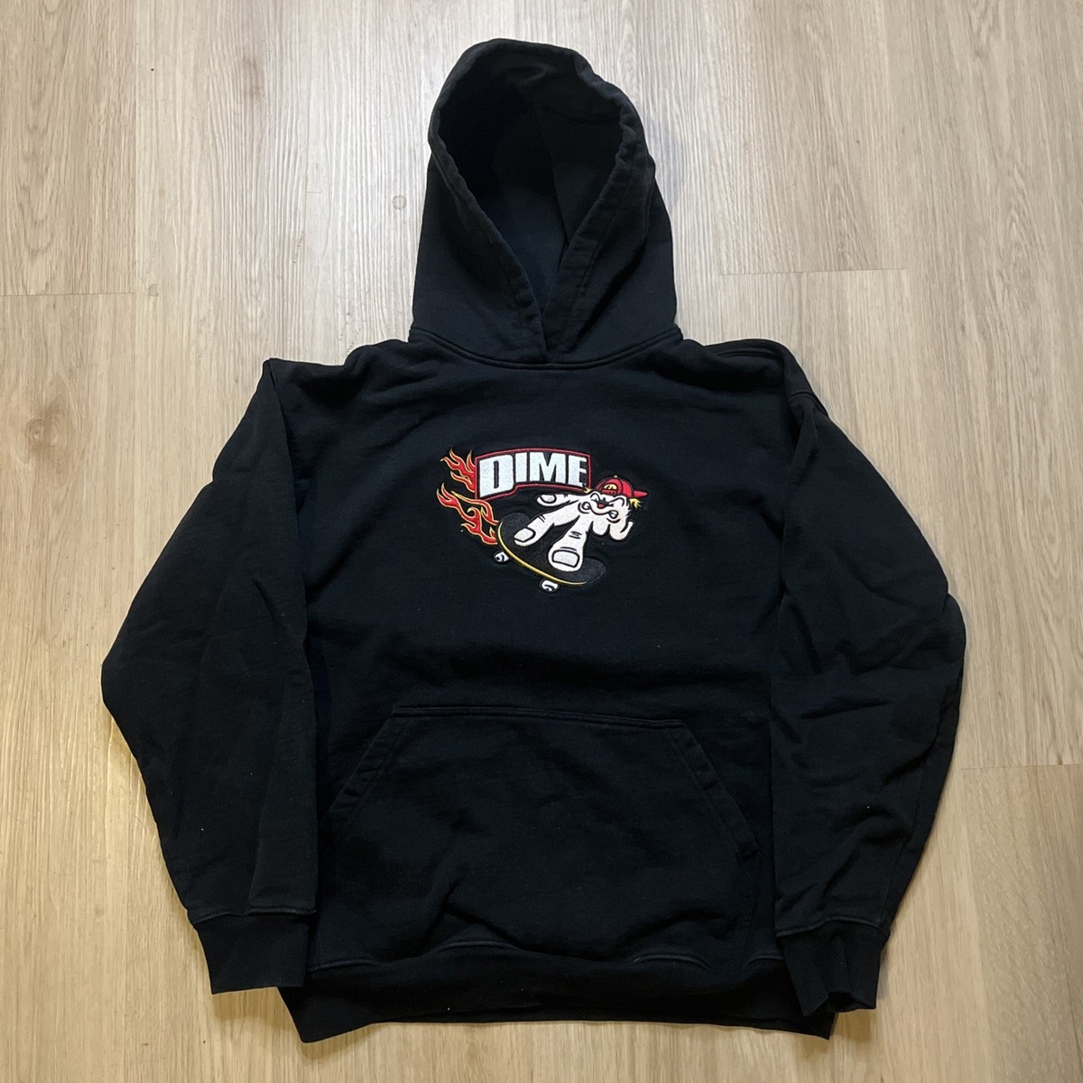 DIME Hoodie Men's Medium Black Skateboard Flames Embroidered