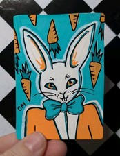 ACEO Original Carrot Bunny Rabbit Acrylic Painting Hand Painted Art Card