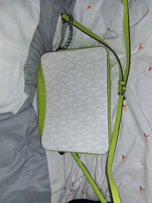 Michael Kors White Logo Zip Crossbody Bag w/ Green Adjustable Detachable Strap