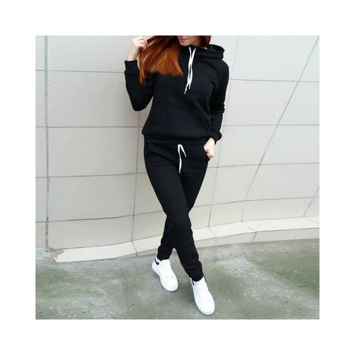 Schwarz Trainingsanzug Set Damen 2-teilig Hoodie & Joggerhose Activewear Seitentaschen d - Bild 1 von 4