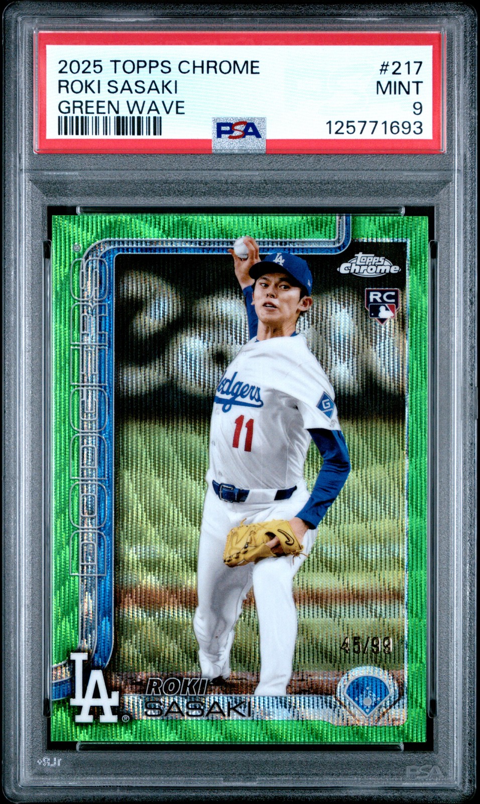 2025 TOPPS CHROME GREEN WAVE #217 ROKI SASAKI 45/99 PSA 9