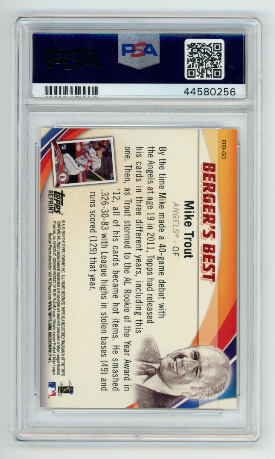 2016 Topps - Mike Trout Berger's Best #BB-60 Rookie Reprint PSA 10 view 2