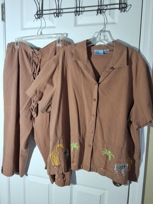 Jane Ashley Embroidered Zoo Design Brown Capri & Short Sleeve Top Outfit Size 2X