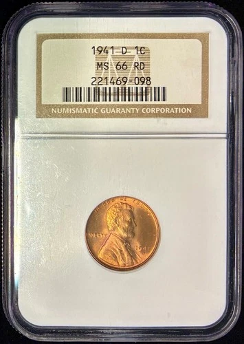 1941-D Lincoln Cent (Wheat Penny), NGC MS-66 RD, Older Holder