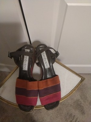 YSL Wedge Multi-Color Knit Sandals Vintage 7.5