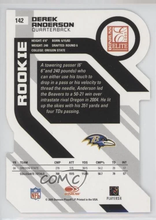 2005 Donruss Elite Rookie Aspirations Die-Cut /86 Derek Anderson #142 Rookie RC - Image 2 of 2