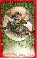 ANTIQUE EMBOSSED CHRISTMAS Postcard TWO GIRLS SLEDDING, SCARVES FLYING