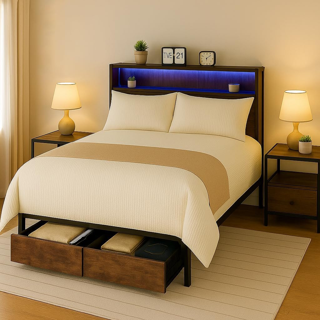 Modern Queen Bed Frame with Storage, Charging Station & Wood Accents