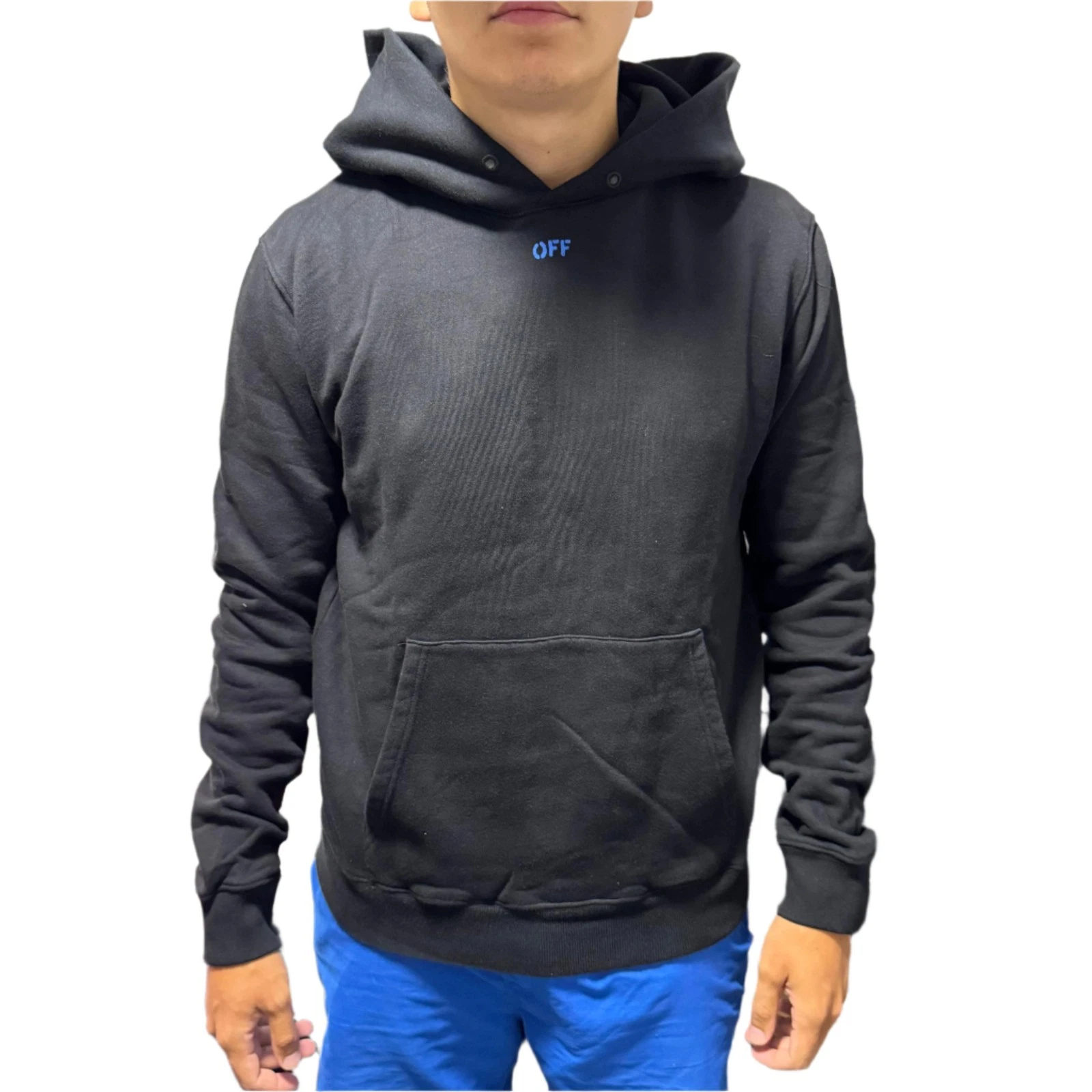 Felpa con cappuccio Off White nera e blu con logo frecce a scacchi Taglia XS FW18 $625