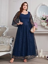 SHEIN Belle Plus Sweetheart Neck Trumpet Sleeve Lace Bridesmaid Dress NAVY BLUE