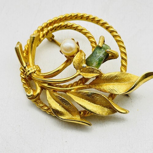 SARAH COVENTRY Simulated Pearl Jade Garden Pin Gold Tone Circle Nature - Picture 2 of 7