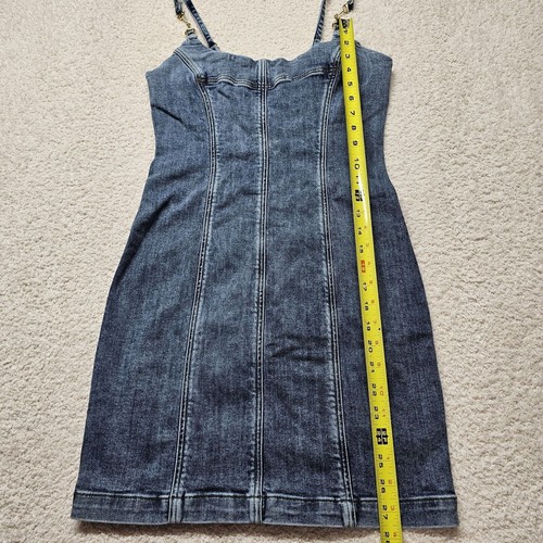 Women's bebe Metal Strap Detail Fitted Denim Dress Full Zip Back Sz 6 Runs Small - Picture 12 of 18