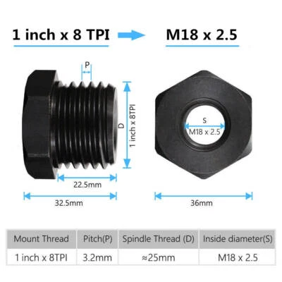 Wood Lathe Chuck Insert Thread Adapter Screw Thread Spindle 1-8TPI to M18x2.5mm