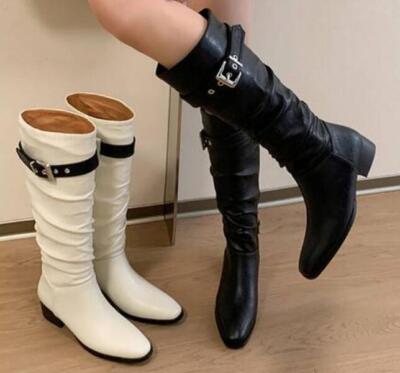 Women's Round Toe Buckle Strap Knee HIgh Boots Winter Lady