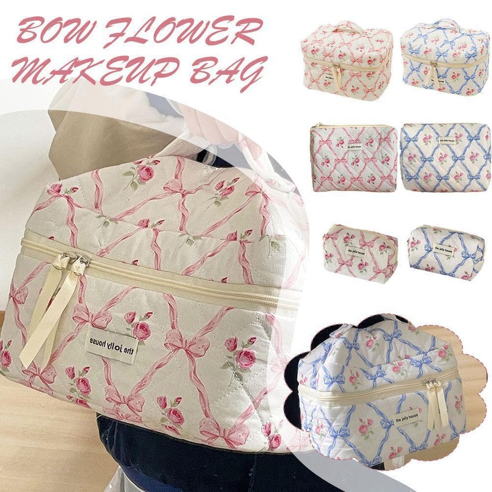 Bow Flower Quilting Cotton Makeup Bag Zipper Cosmetic Organizer Cloth