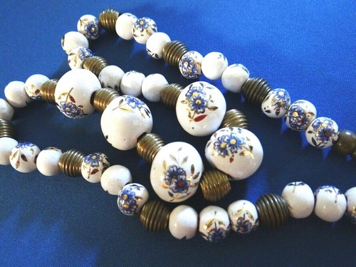 Vintage Chinese Export Ceramic Necklace Hand Made White Bead Brass Barrel - Picture 8 of 11