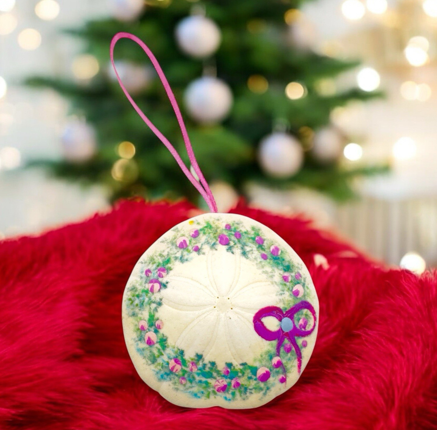 Hand Painted Sand Dollar Christmas Ornament Floral Wreath & 