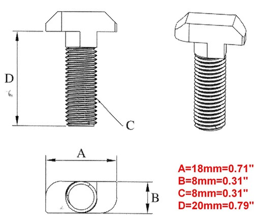 Aluminium T-Nut Profil 8T-40 Drop-In T-Bolzen-Schrauben M8x20mm + Muttern, 16er Set - Bild 4 von 7