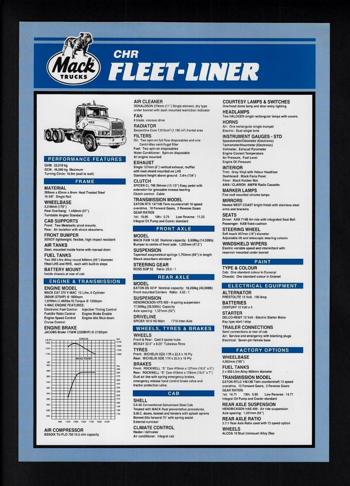 MACK FLEET-LINER CHR TRUCKS SPECIFICATIONS BROCHURE 02/94 NOS