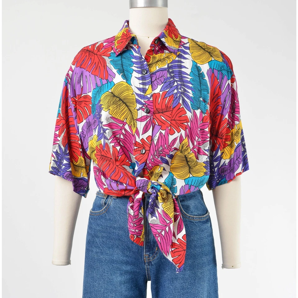 Vintage Colorful Leaf Print Blouse Collared Button Up Tropical Jungle Shirt M L - Изображение 3 из 4