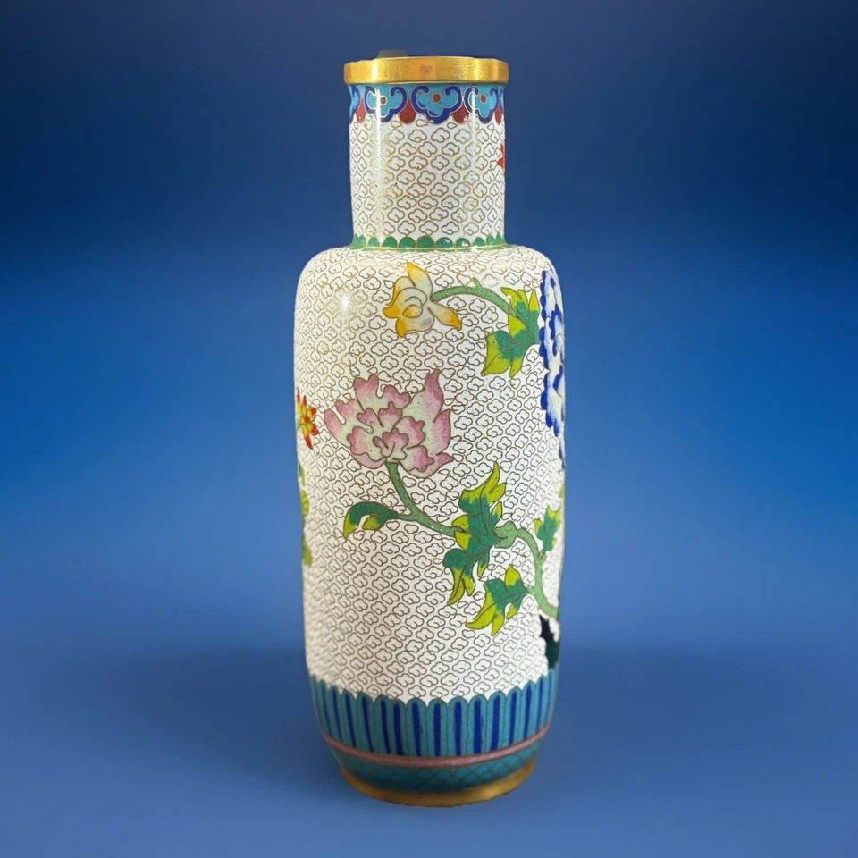 Jarrón antiguo japonés de latón floral esmaltado Cloisonne azul peonía 9 pulgadas Foto 4 de 4
