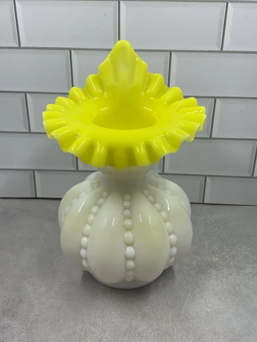 Vintage Fenton Milk Glass Cased Yellow Jack In Pulpit Vase Beaded Melon 6.5”