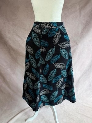 Laura Ashley Black Blue Leaf Print Cotton A-Line Midi Skirt UK 12