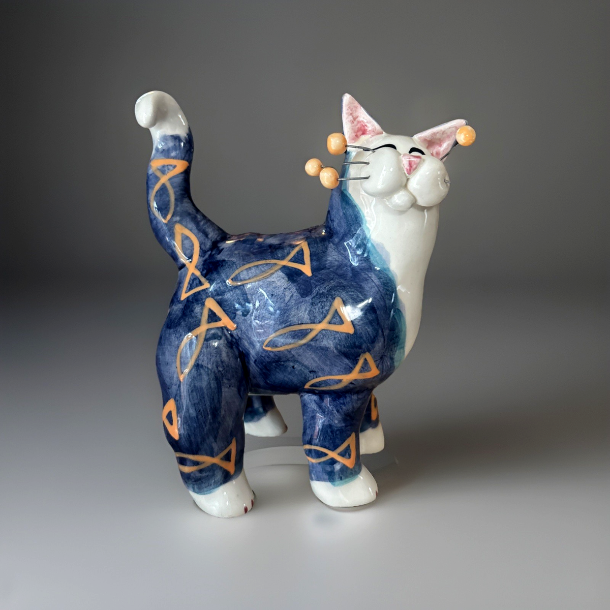 Annaco Creations Whimsclay Cat Figurine Amy Lacombe Blue Fish 2001