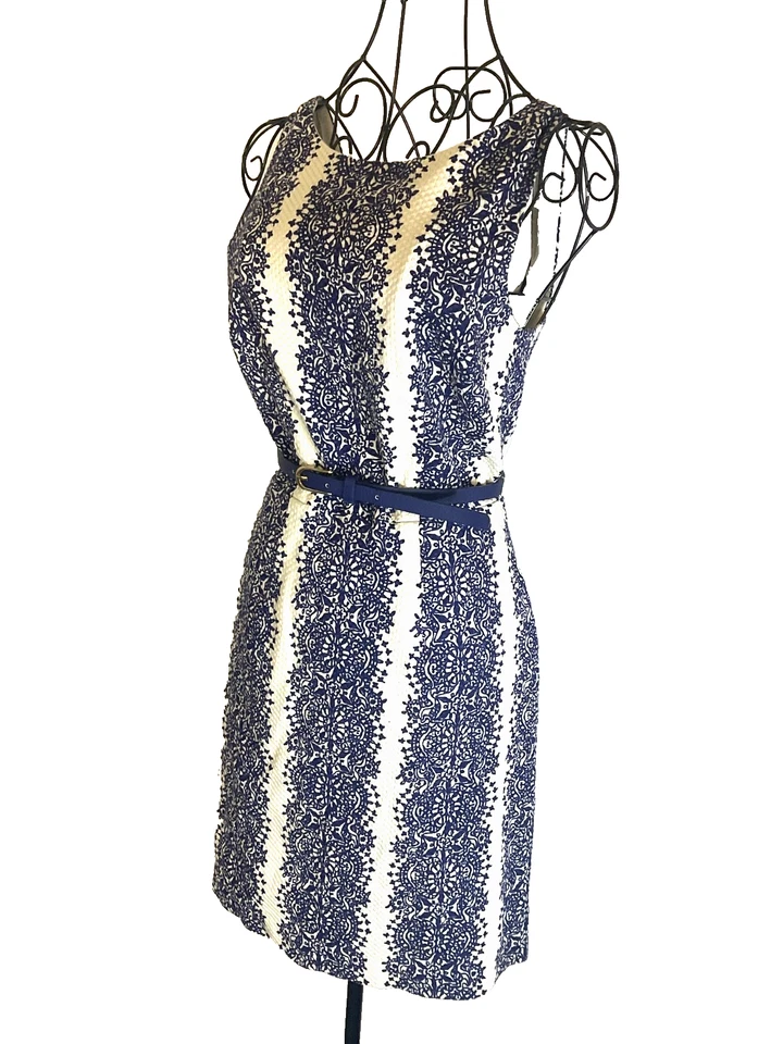 Темно-синий и белый без рукавов вышитый подпоясанный платье маленький - Изображение 4 из 4